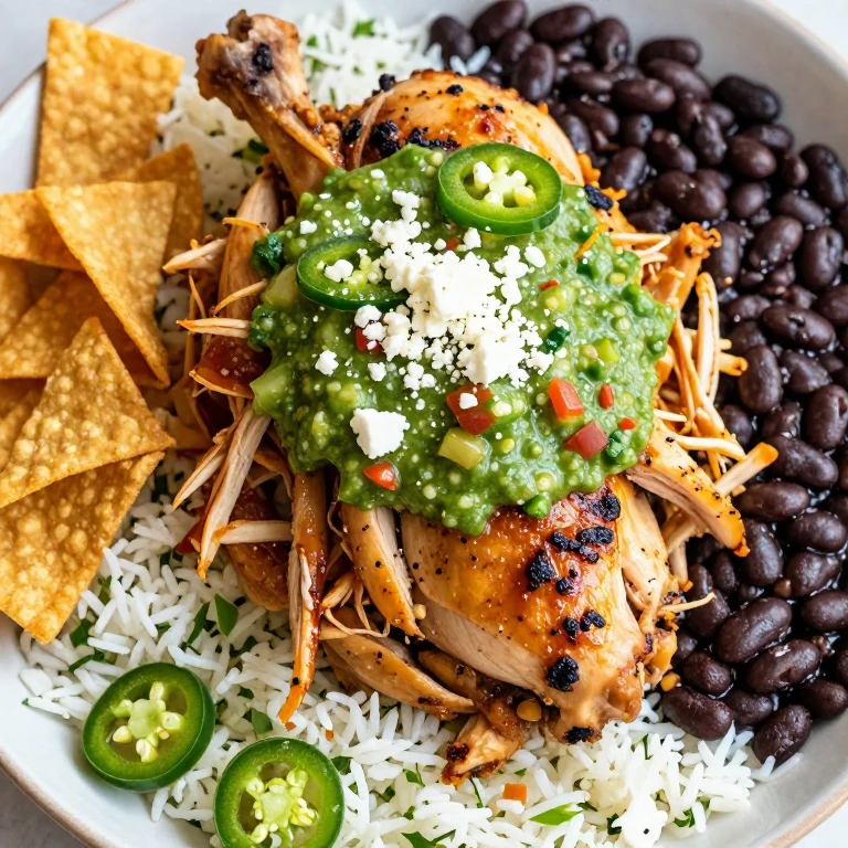 rotisserie chicken with quick salsa verde, cilantro-lime rice, black beans, tortilla strips