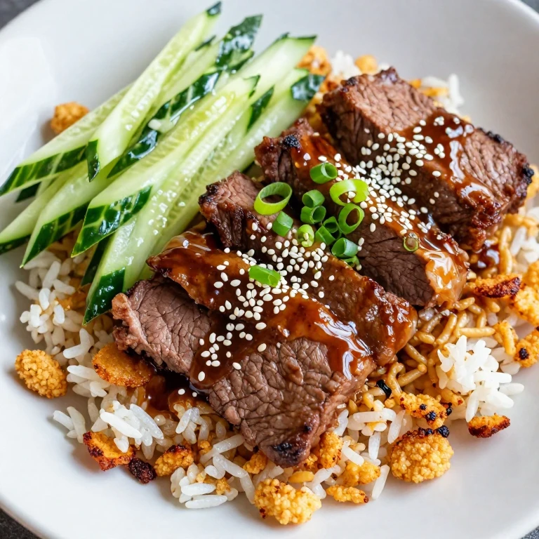 soy-ginger beef with crispy rice, cucumber, scallions, sesame seeds