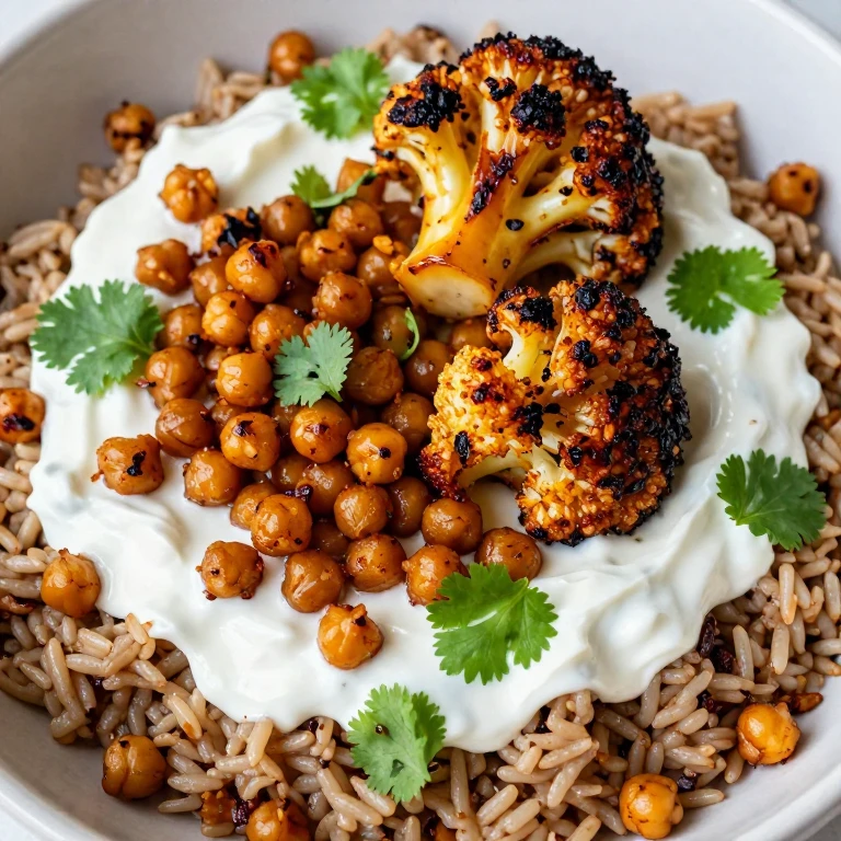 spiced chickpea and cauliflower with yogurt sauce, brown rice, cilantro, tahini sauce