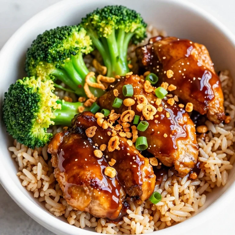 Teriyaki chicken with crispy shallots and broccoli over brown rice bowl