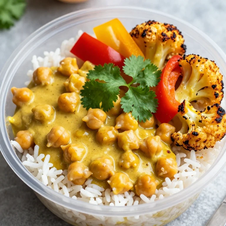 Coconut curry chickpeas with roasted cauliflower and jasmine rice bowl