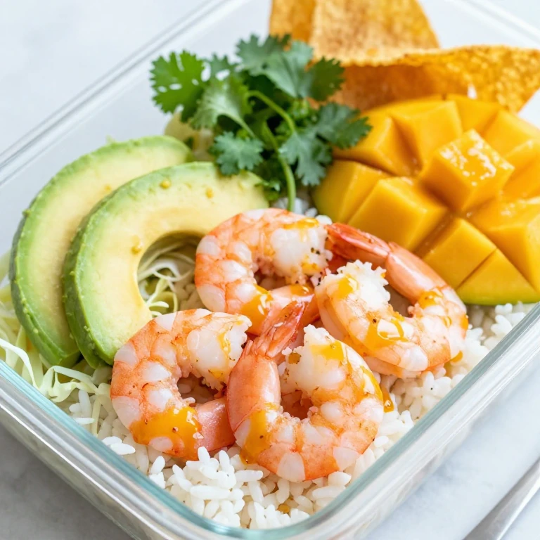 Citrus shrimp with avocado, mango, and cabbage over white rice