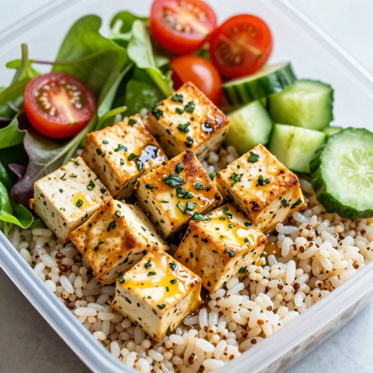 Herb-marinated tofu with greens, tomatoes, and cucumber over rice-quinoa mix