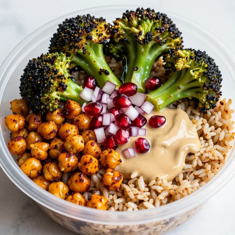 Charred broccoli with roasted chickpeas and pomegranate over brown rice