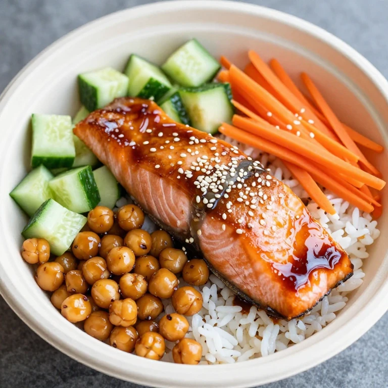 Glazed salmon with roasted chickpeas, cucumber, and carrots over sushi rice