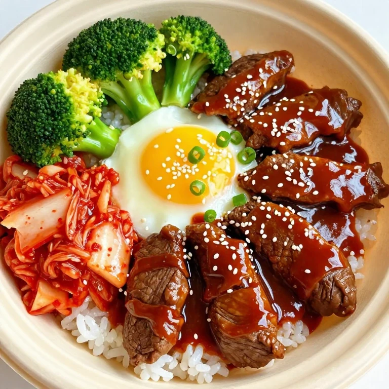 Korean beef with kimchi, egg, and broccoli over short-grain rice