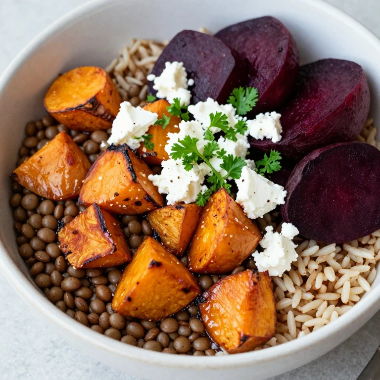 Spiced lentils with roasted sweet potato, beets, and feta over farro