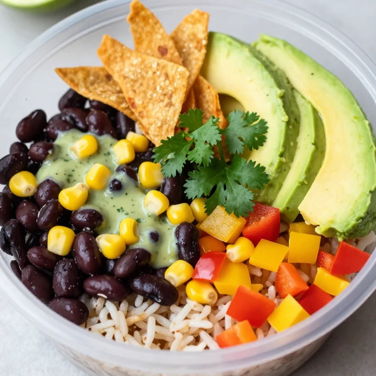 Black beans and corn with bell peppers and avocado over rice