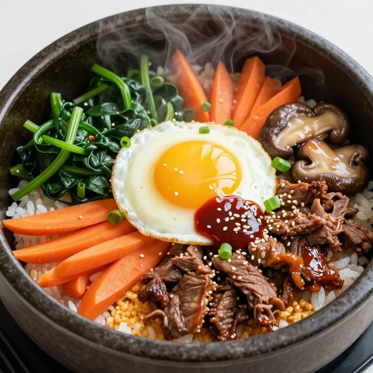Classic bulgogi bibimbap in hot stone bowl with beef, vegetables, fried egg, and gochujang