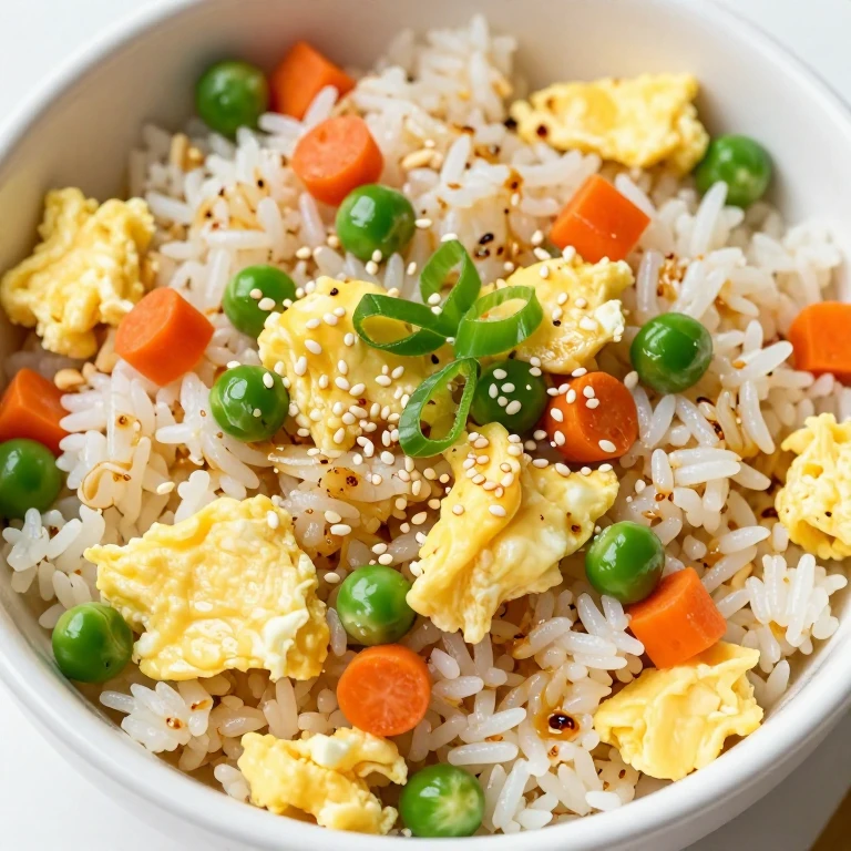 Egg fried rice with peas, carrots, and scallions in a bowl