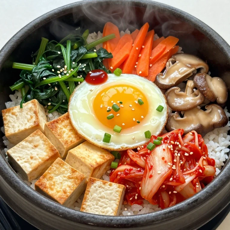 Kimchi and tofu bibimbap with golden tofu, red kimchi, vegetables, egg, and gochujang