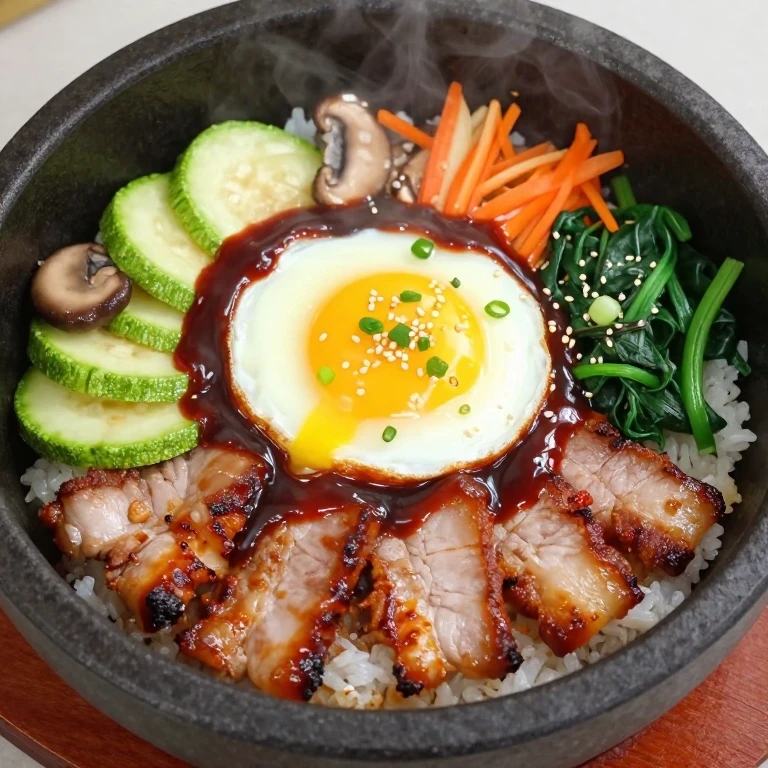 Spicy pork belly bibimbap in stone bowl with crispy pork, vegetables, egg, and gochujang