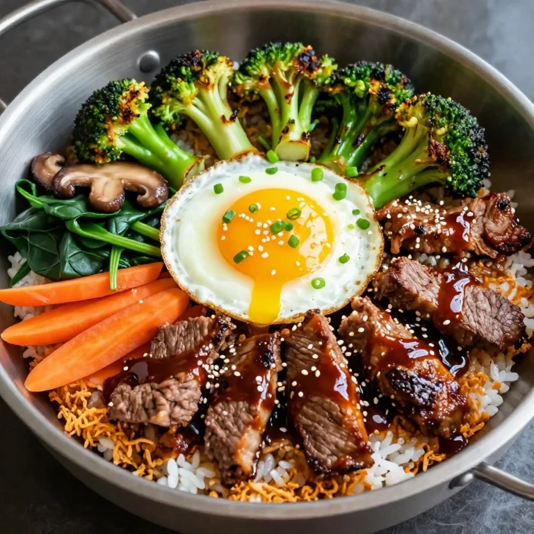Beef bulgogi with charred broccoli bibimbap featuring caramelized beef, blackened broccoli, egg, and gochujang