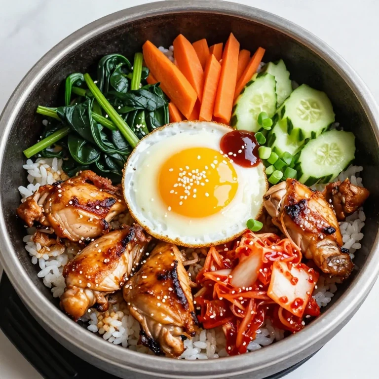 Chicken and kimchi meal prep bibimbap with roasted chicken, red kimchi, vegetables, egg, and gochujang