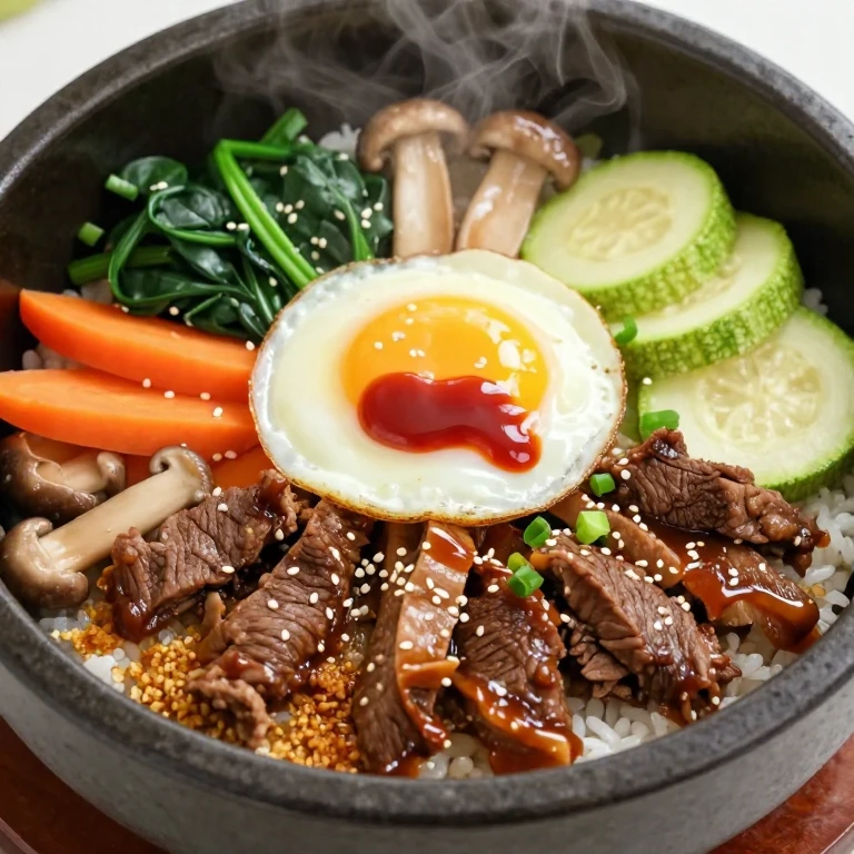 Marinated beef bibimbap bowl with caramelized beef, colorful vegetables, egg, and gochujang