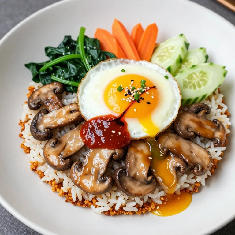Mushroom and egg bibimbap with glazed mushrooms, soft egg yolk, truffle oil, and gochujang