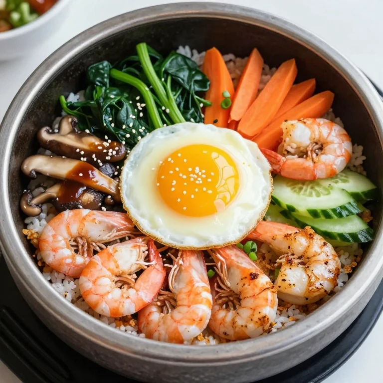Seafood bibimbap with pink shrimp, white scallops, vegetables, egg, gochujang, and pan sauce