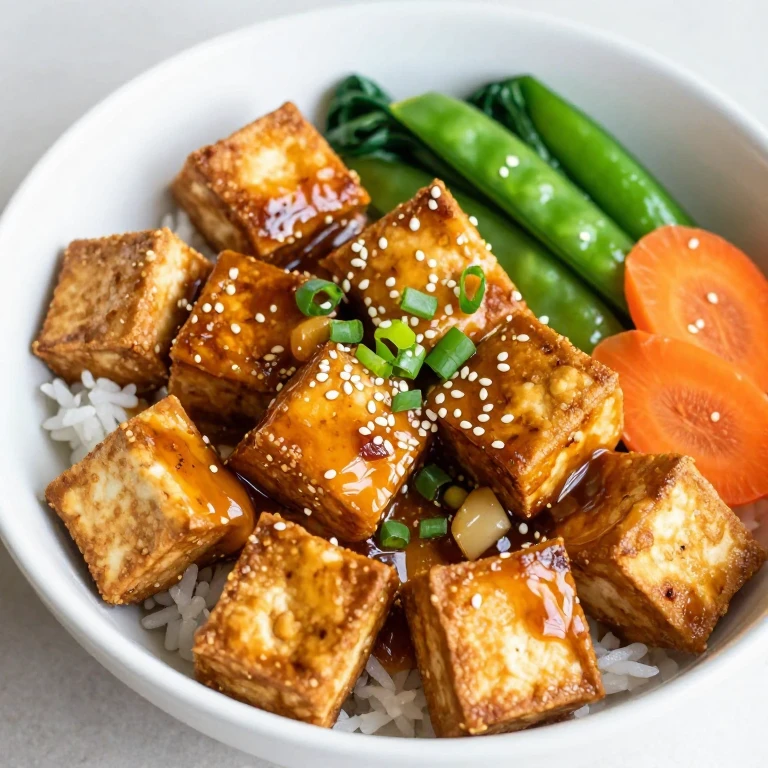 Crispy tofu ginger-soy bowl with glossy sauce and fresh vegetables