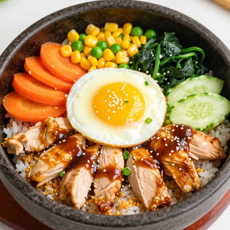 Mild chicken and vegetable bibimbap with tender chicken, colorful vegetables, egg, and mild sauce
