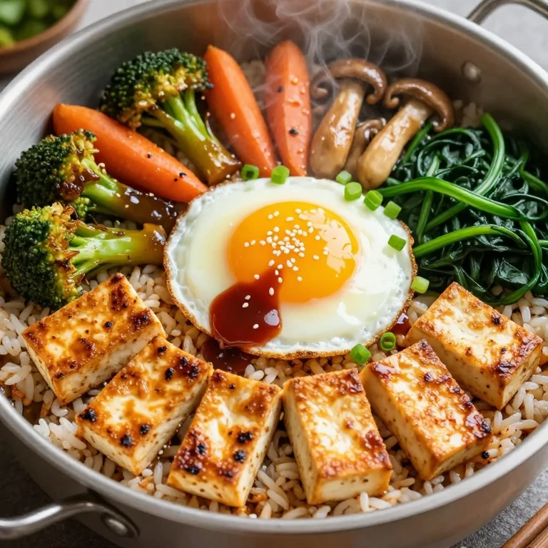 Tofu and vegetable bibimbap with golden tofu, roasted vegetables, fresh egg, and gochujang