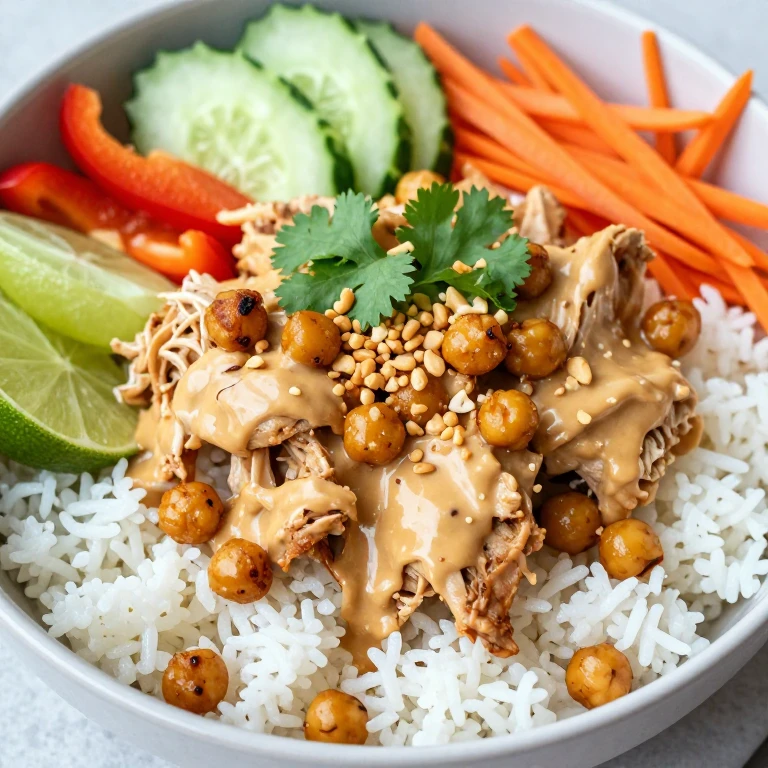 Peanut-lime chicken bowl with crispy chickpeas and fresh vegetables