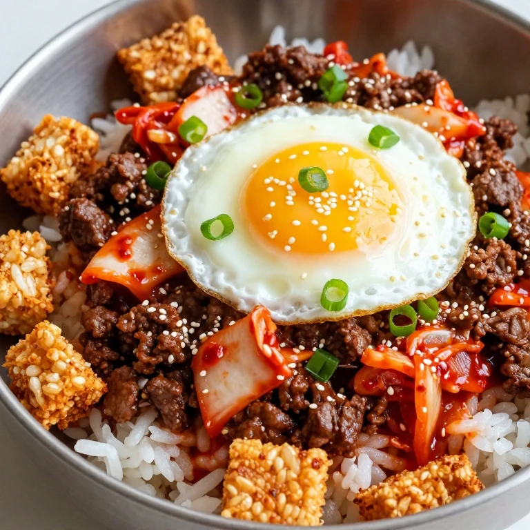 Kimchi beef bowl with crispy rice cake and sesame seeds