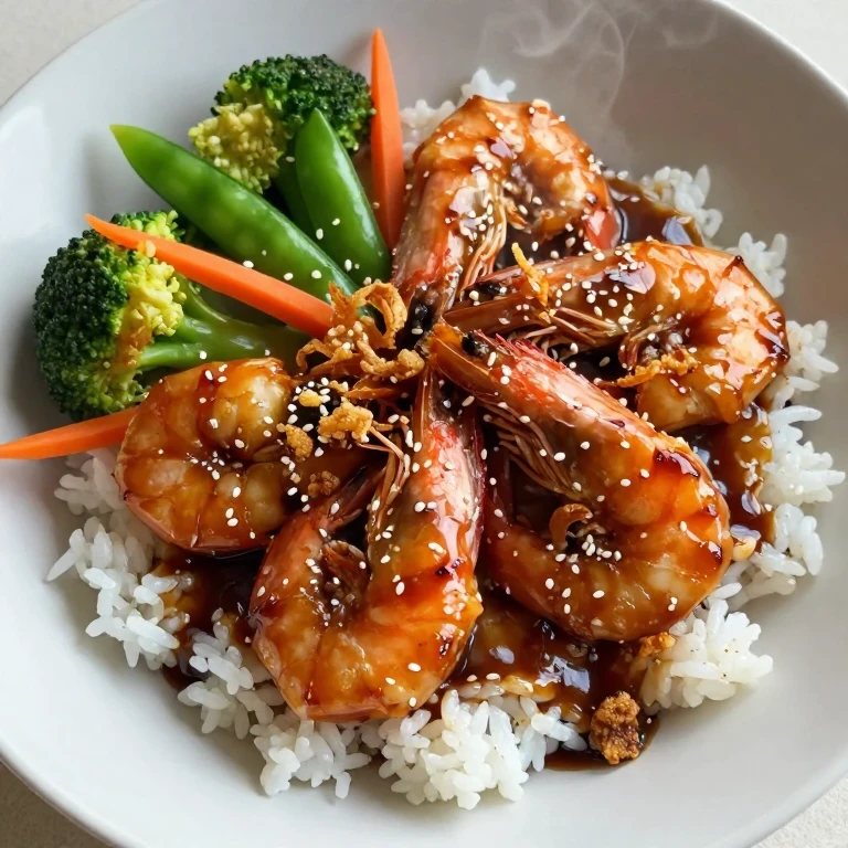 Teriyaki shrimp bowl with glossy glaze, vegetables, and sesame seeds