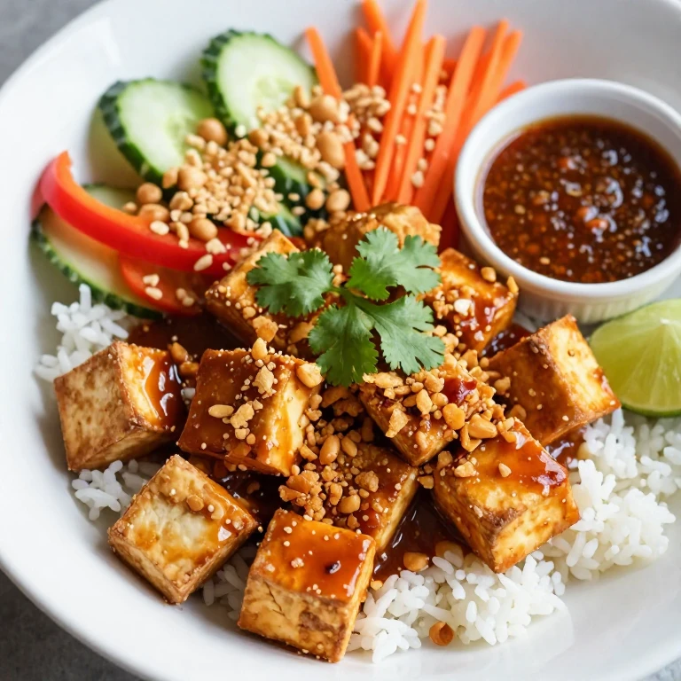 Chili-garlic tofu with peanut crumble and crispy shallots