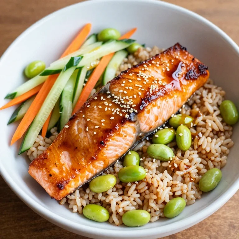 Miso-glazed salmon over brown rice with cucumber, carrots, and edamame in bowl