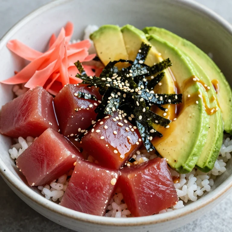 Soy-ginger tuna poke bowl with avocado, pickled ginger, and nori strips