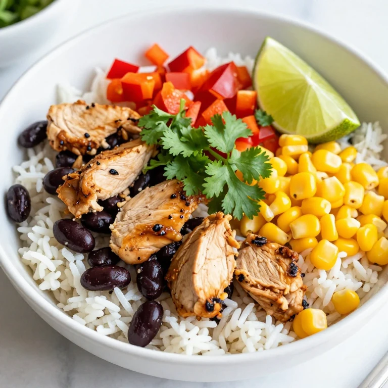 Cilantro-lime chicken rice bowl with black beans, corn, and bell pepper