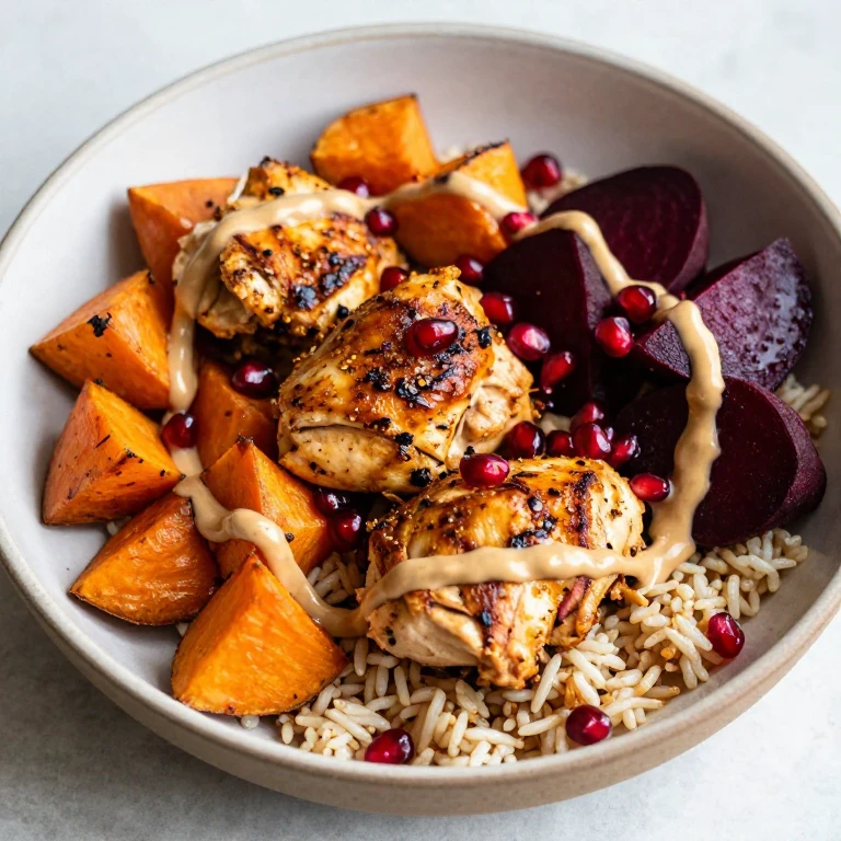 Spiced chicken rice bowl with roasted sweet potato, beets, and pomegranate