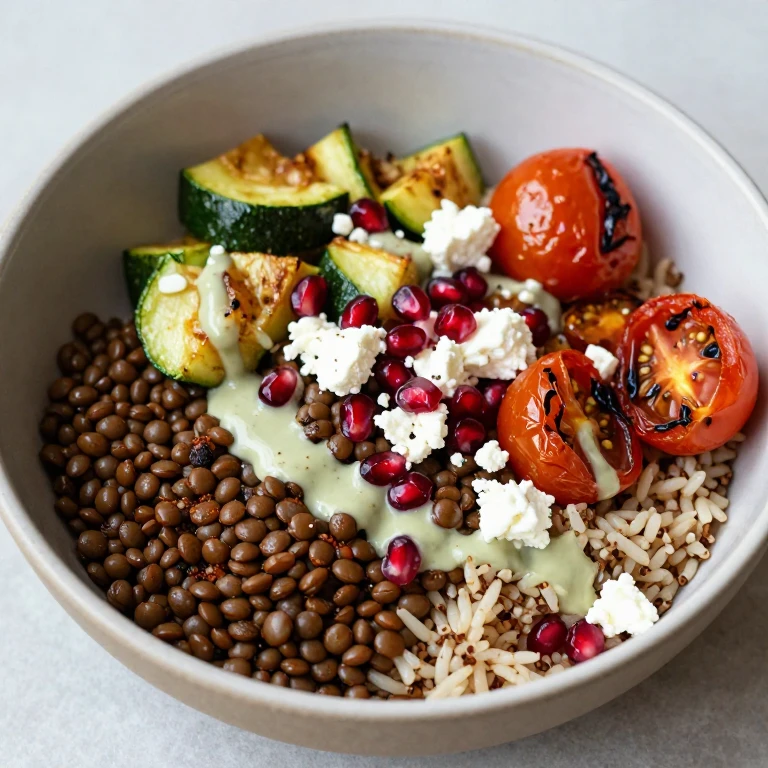 Spiced lentil rice bowl with roasted zucchini, tomatoes, feta, and pomegranate