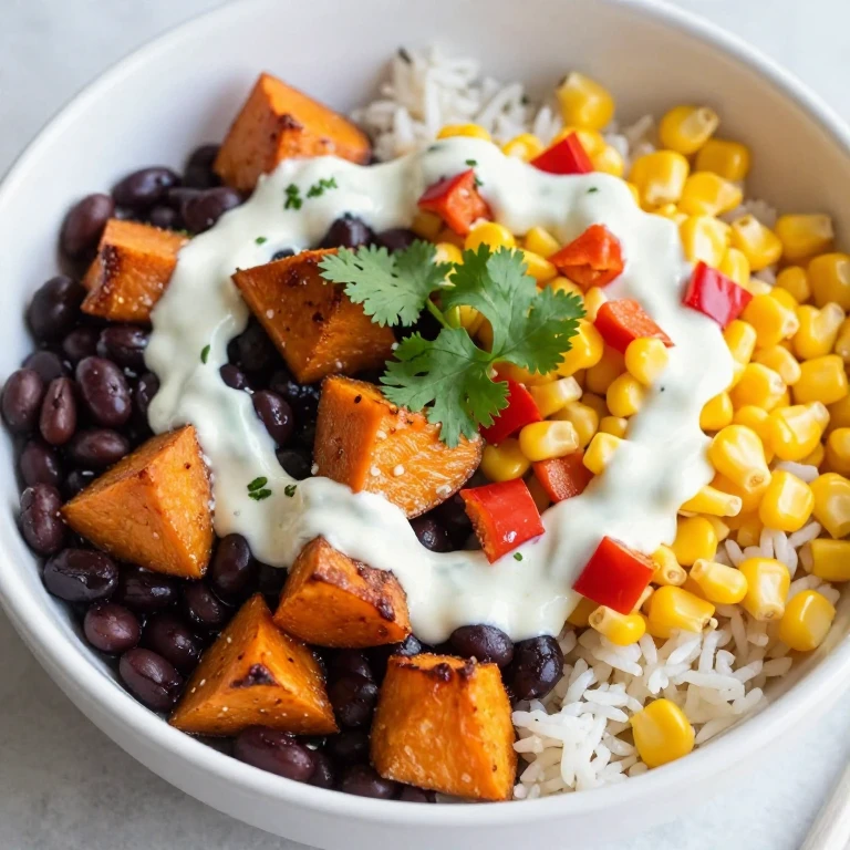 Black bean sweet potato rice bowl with corn, lime crema, and cilantro