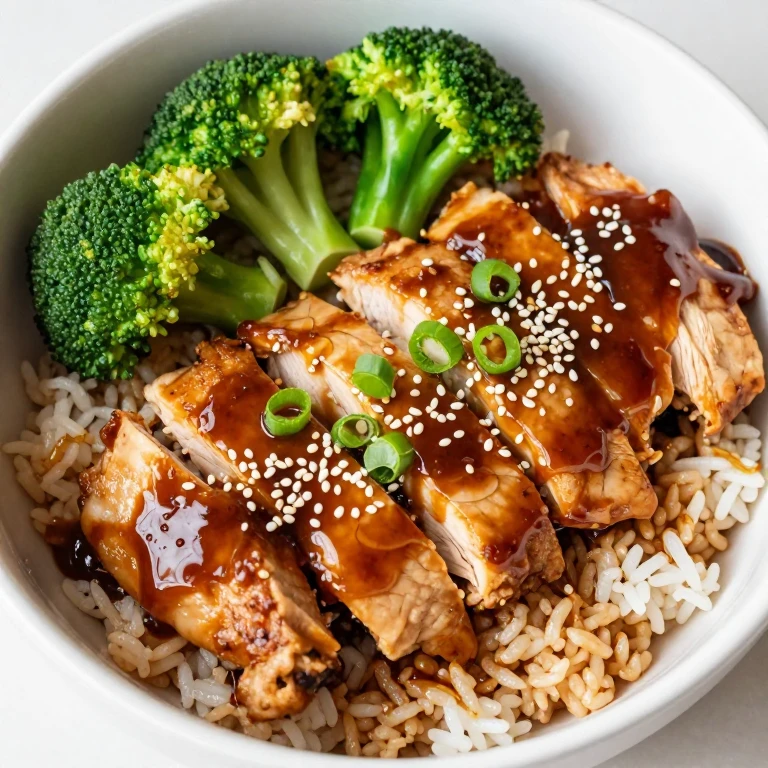 Teriyaki chicken rice bowl with steamed broccoli and sesame seeds