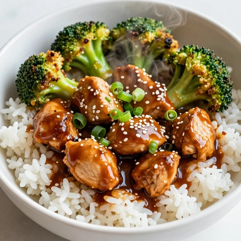 Teriyaki chicken and broccoli over rice with sesame seeds and green onions