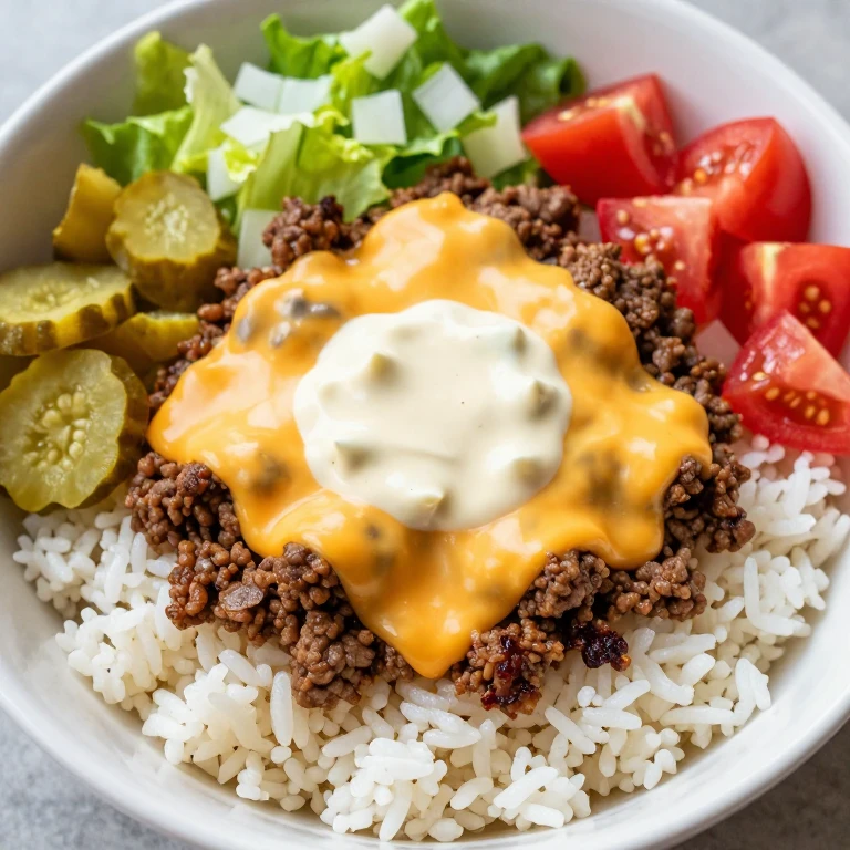 Cheeseburger rice bowl with melted cheddar, pickles, lettuce, and tomato
