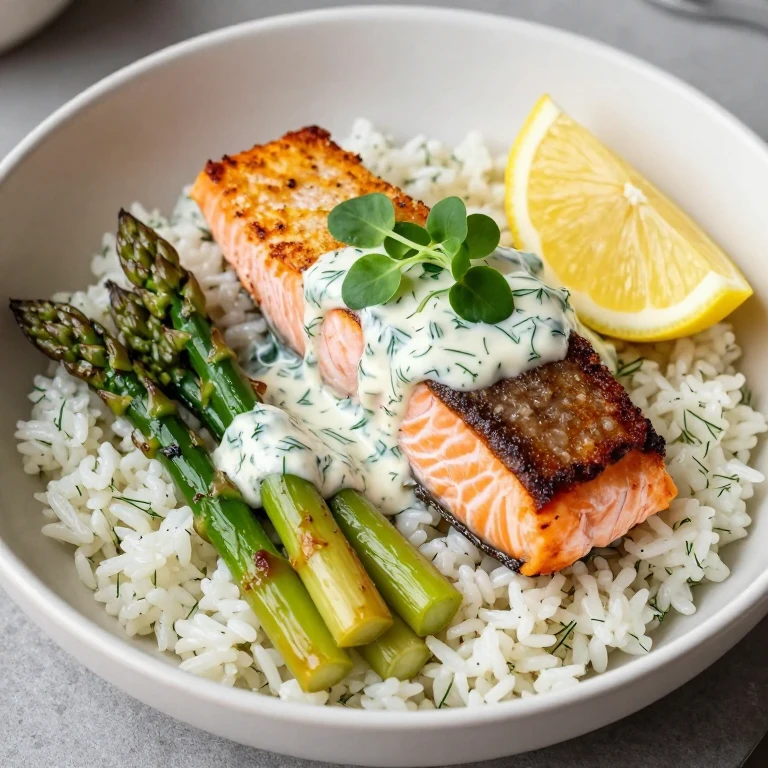 Crispy salmon with dill cream sauce over rice with asparagus and microgreens