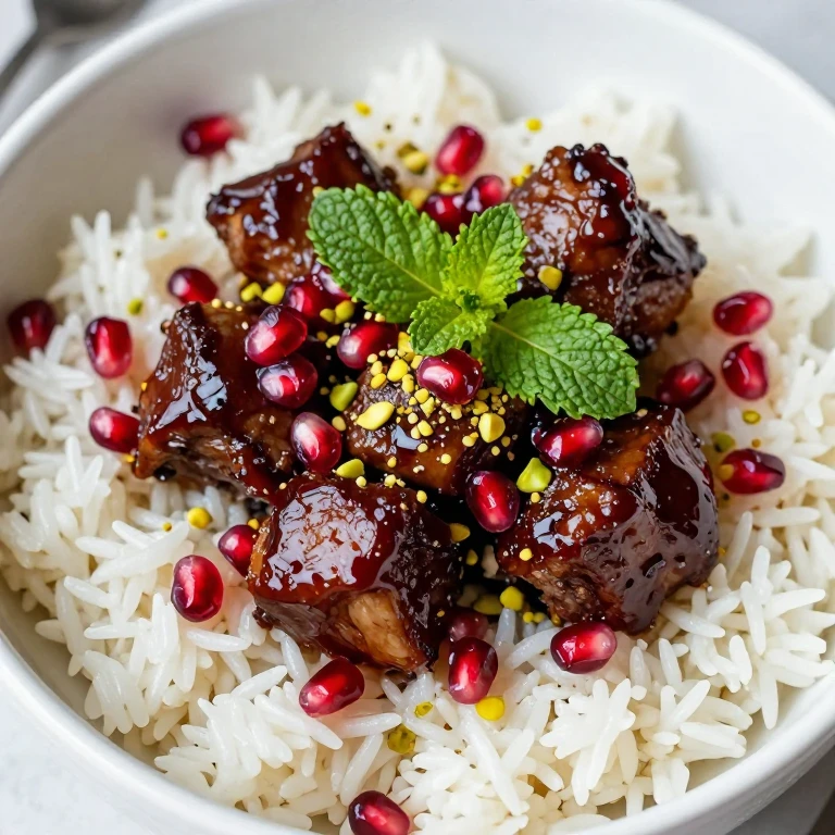 Pomegranate-glazed lamb rice bowl with mint, pomegranate seeds, and pistachios