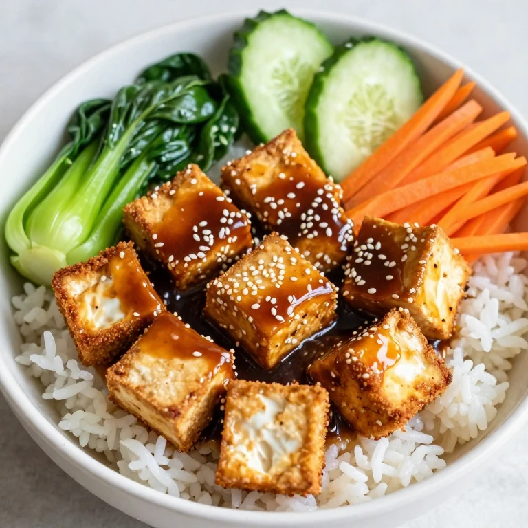 Sesame tofu rice bowl with bok choy, carrots, and cucumber in sweet soy glaze