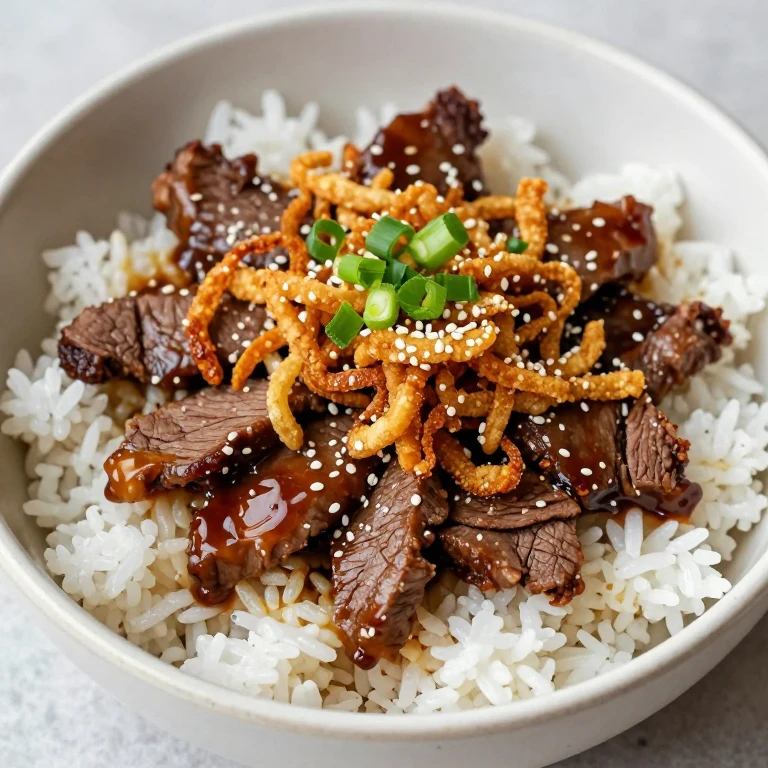 Soy-ginger beef rice bowl topped with crispy onions, green onions, and sesame