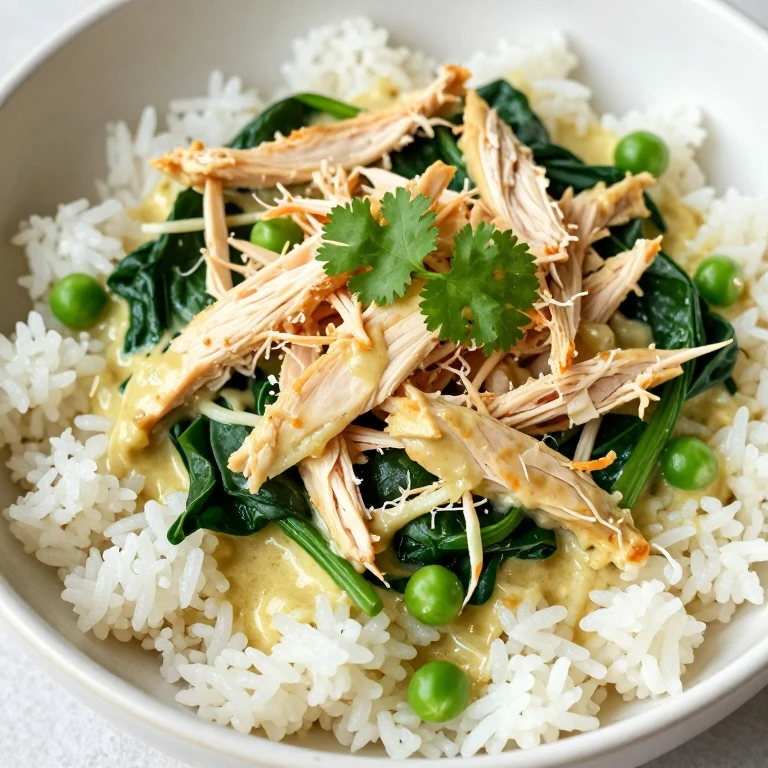 Shredded chicken coconut curry rice bowl with spinach, peas, and cilantro