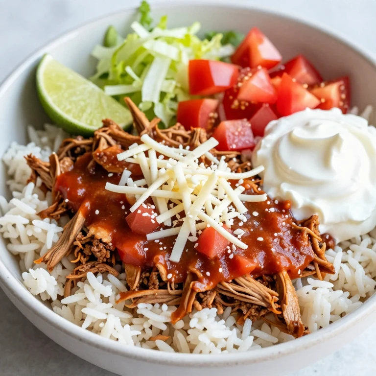 Ground turkey taco rice bowl with cheese, tomatoes, lettuce, sour cream, and lime