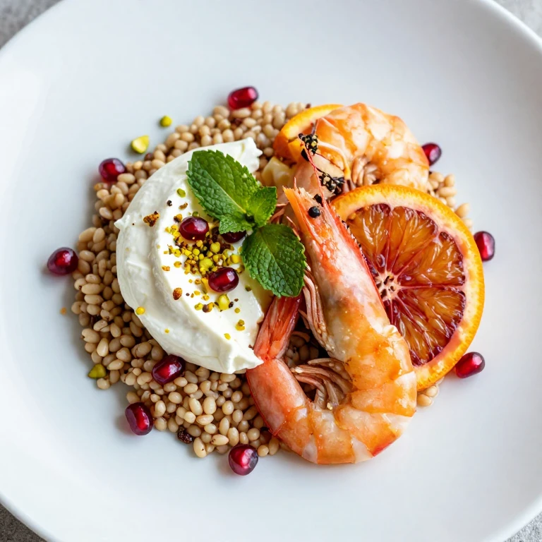 Blood orange pomegranate shrimp with farro and whipped feta