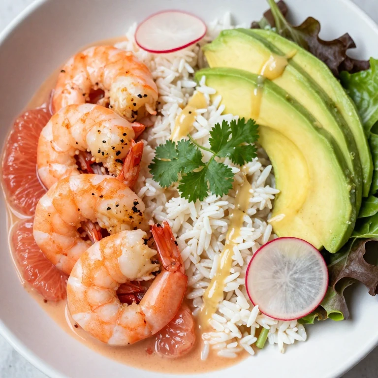 Grapefruit avocado shrimp with coconut rice and radish