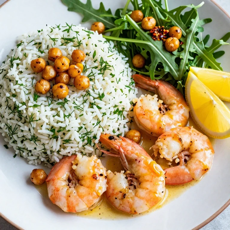 Lemon-chili shrimp with herb rice, crispy chickpeas, and arugula