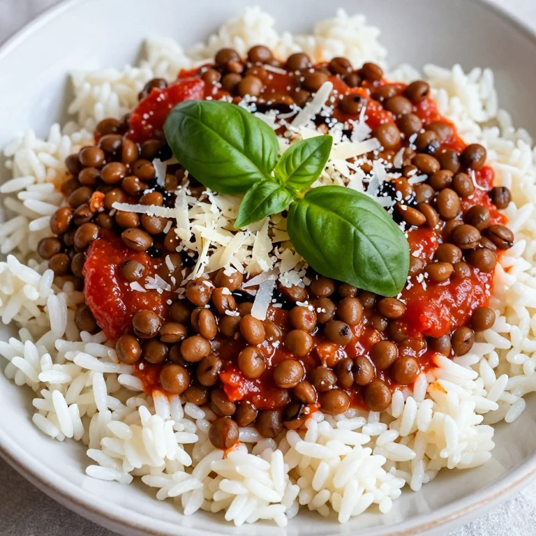 Lentil Bolognese rice bowl topped with Parmesan and fresh basil