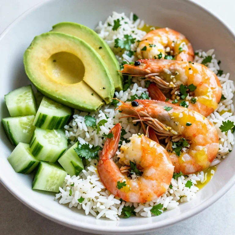 Lime-garlic shrimp with cilantro rice and avocado slices in bowl