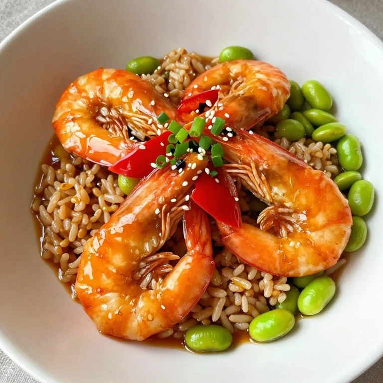 Orange-ginger shrimp with brown rice, edamame, and bell pepper