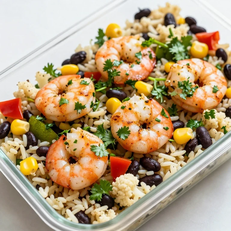 Lime-cilantro shrimp with cauliflower rice and black beans